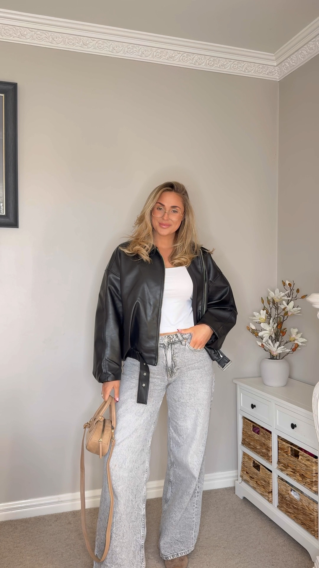 Wide leg jeans, basic top, faux leather jacket, asos, zara, H&M, suede bag, suede trainers, black jacket, autumn outfit 

#LTKautumn #LTKuk #LTKstyletip