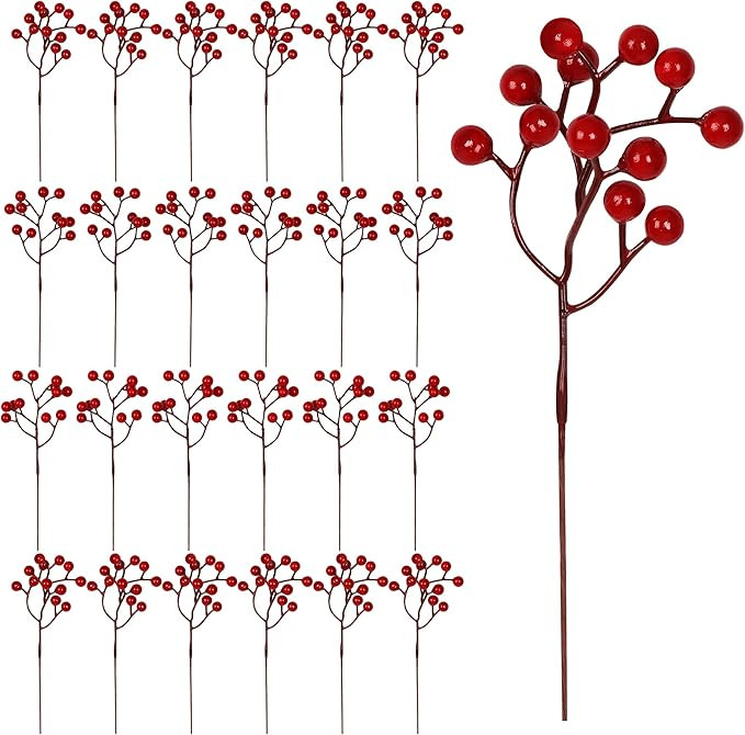 24 PCS Christmas Tree Decorations, 7.08 in Red Berry Stem, Artificial Berry Picks Floral Pick for... | Amazon (US)
