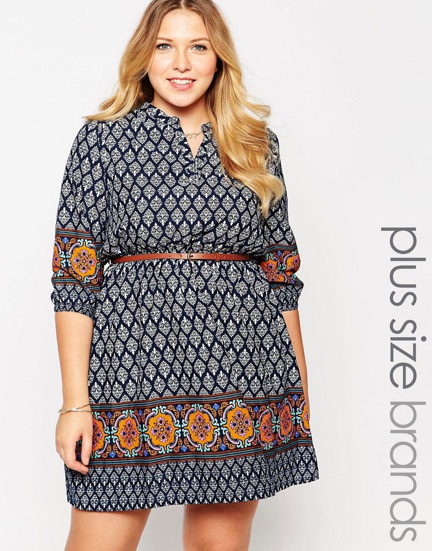 Yumi Plus Size Dress With Belt In Border Tile Print - Navy | Asos EE