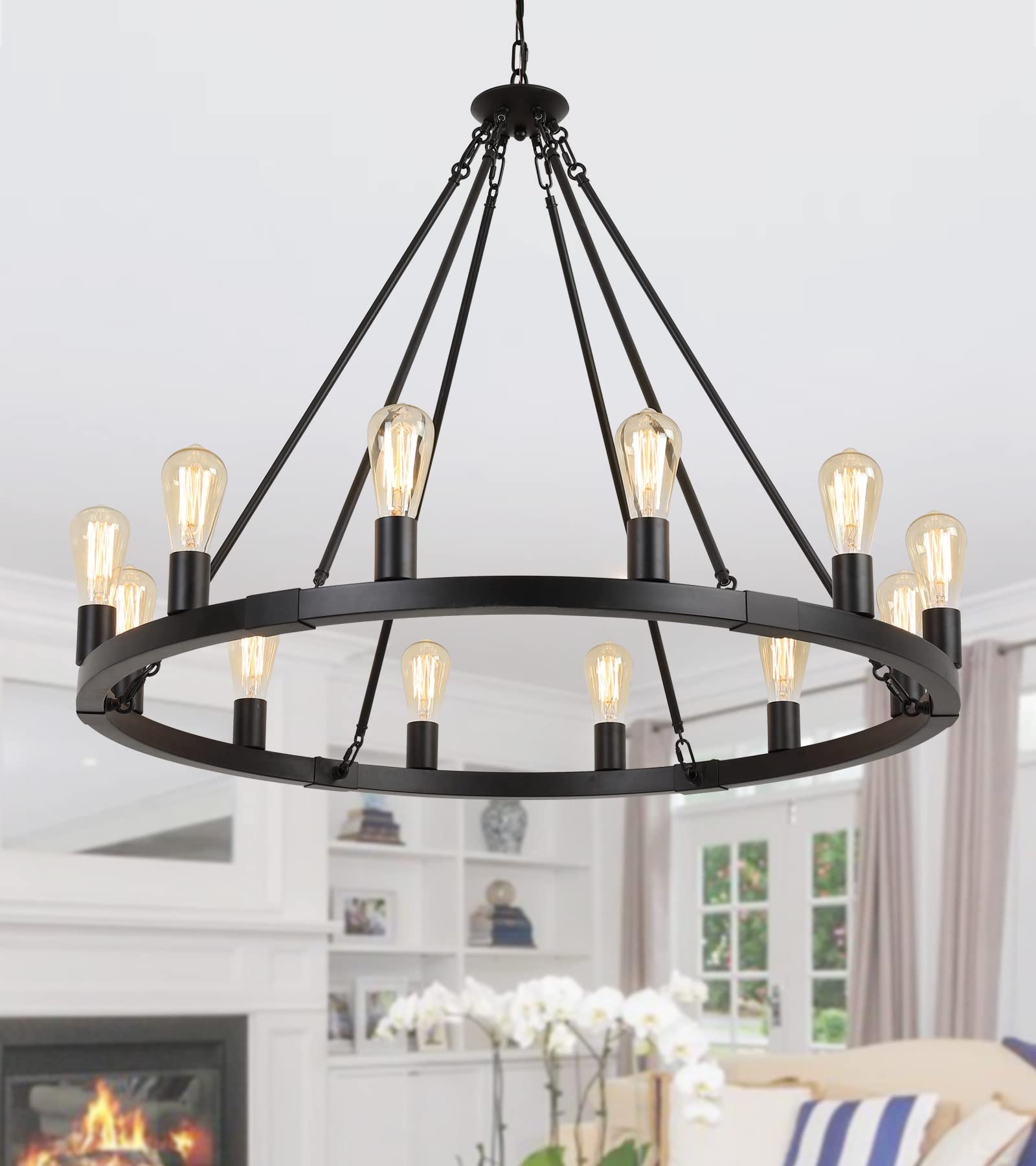 AMZASA Large Wagon Wheel Chandelier,Black Vintage Rustic Industrial Farmhouse Round 12 Lights Pen... | Amazon (CA)