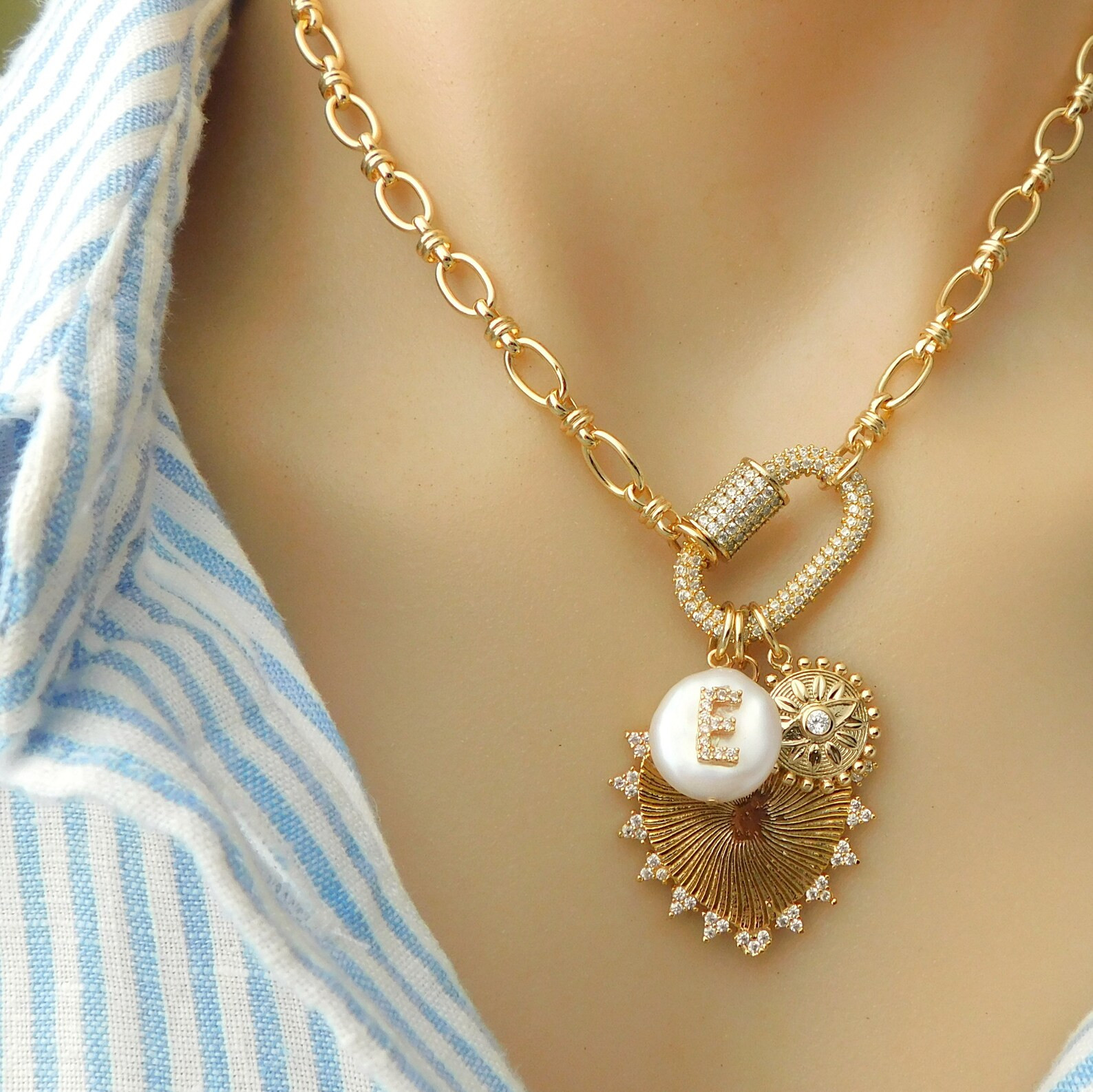 Personalized Gold Heart Charm Necklace, Gold Carabiner Initial Necklace, Spiked Heart Necklace, F... | Etsy (US)