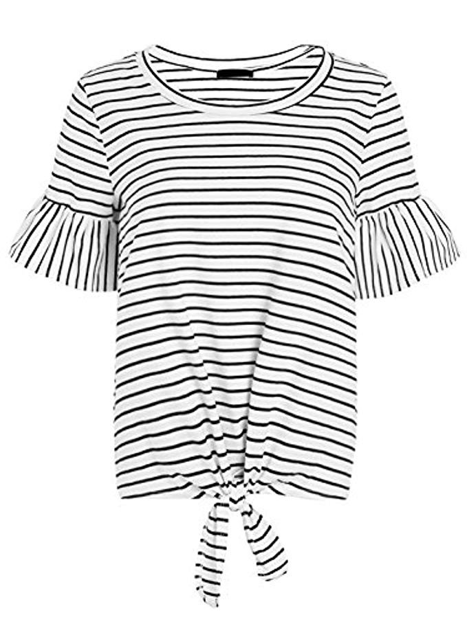 Romwe Women's Short Sleeve Tie Front Knot Casual Loose Fit Tee T-Shirt | Amazon (US)