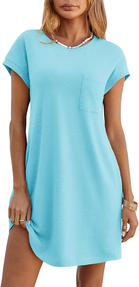 Wenrine Womens Summer T Shirt Dress Casual Short Sleeve Crewneck Loose Flowy Mini Dresses with Po... | Amazon (US)