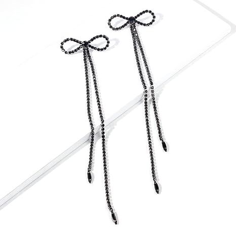 Jumwrit Rhinestone Bow Earrings Extra Long Dangle Earrings Sparkly Tassel Drop Earrings Big Bowkn... | Amazon (US)