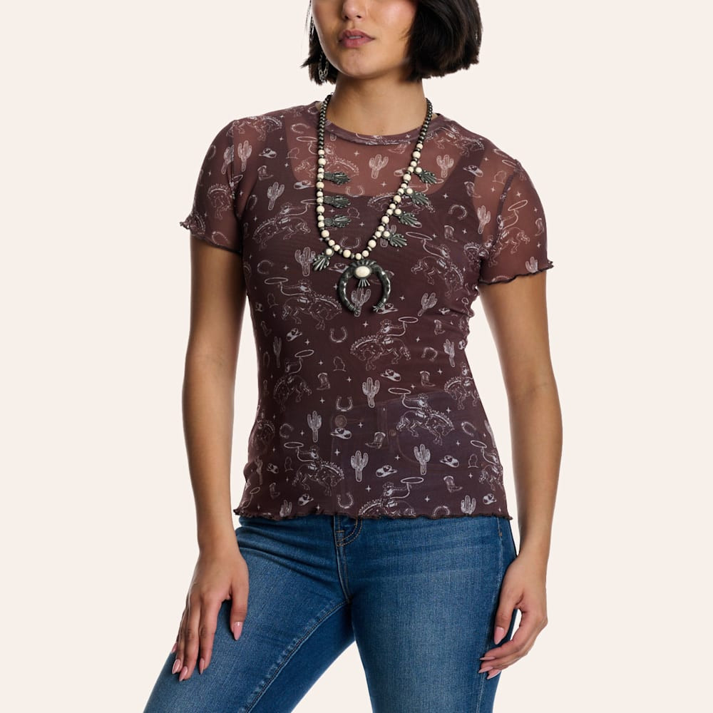 Cowgirl Hardware Women's Coffee Western Print Mesh Top | Cavender's