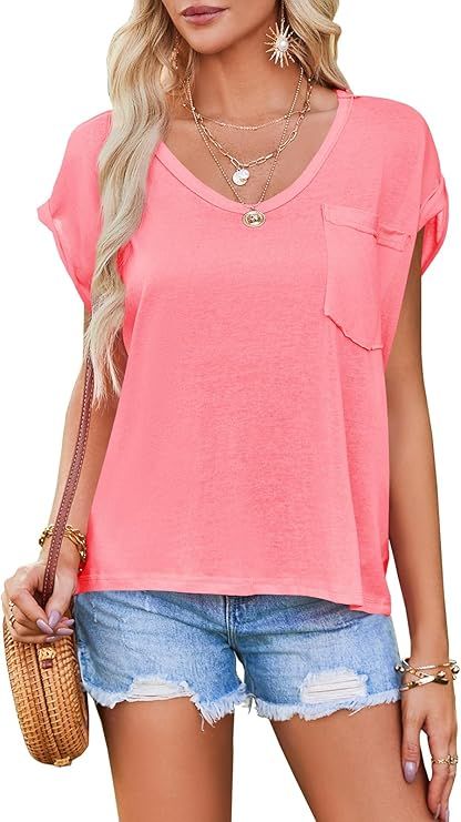 Tankaneo Womens Cap Sleeve T Shirts Summer Casual Loose Fit V Neck Blouse Tops | Amazon (US)