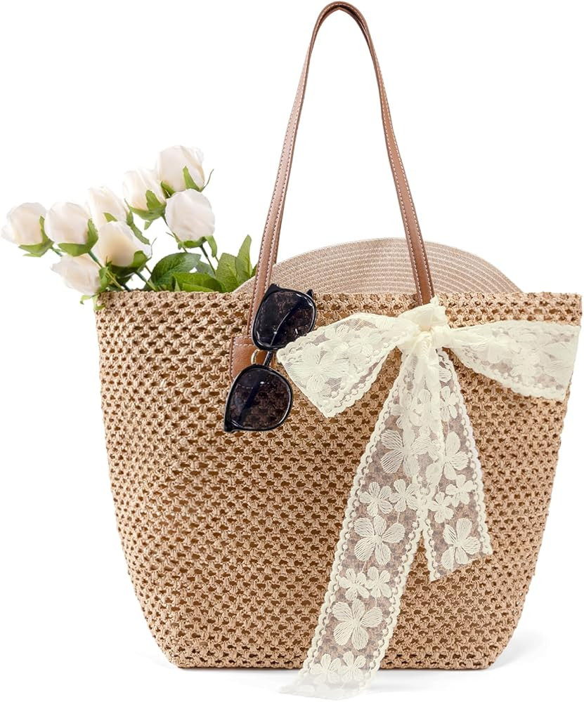 Straw Beach Tote Bag for Women: 2026 Large Woven Handbag with Zipper, Perfect for Vacation, Trave... | Amazon (US)