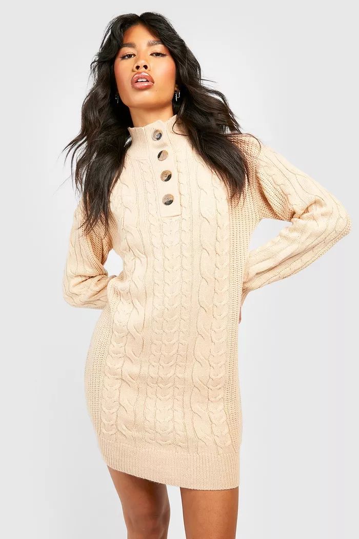 Button Neckline Cable Knitted Sweater Dress | Boohoo.com (US & CA)