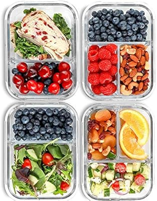2 & 3 Compartment Glass Meal Prep Containers (4 Pack, 32 oz) - Glass Food Storage Containers with... | Amazon (US)