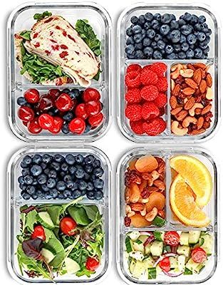 2 & 3 Compartment Glass Meal Prep Containers (4 Pack, 32 oz) - Glass Food Storage Containers with... | Amazon (US)
