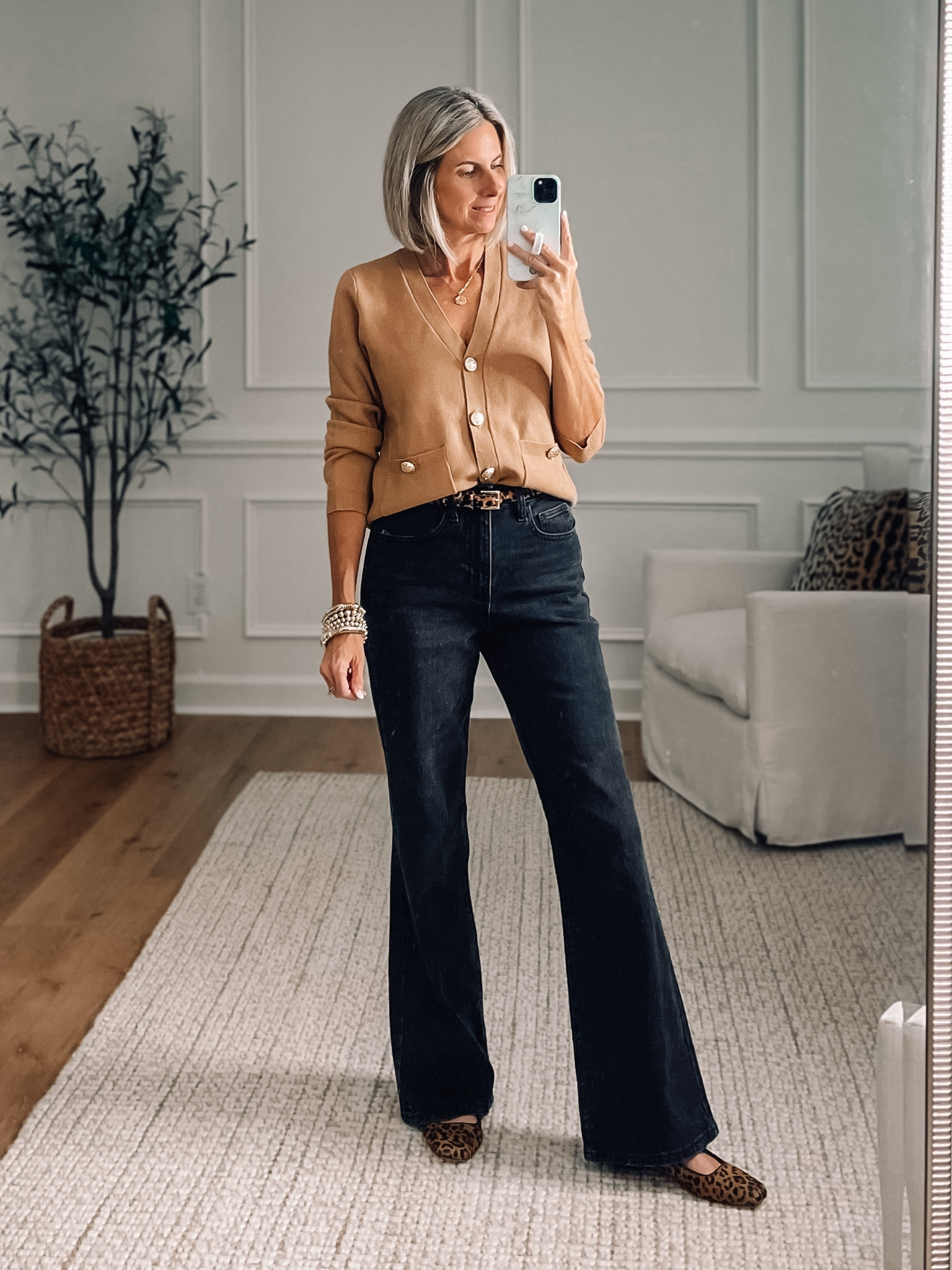 Fall outfit idea | Loving the lady jacket cardigan trend. This one is so pretty with the brass buttons and pockets. Wear it tucked or untucked. Perfect color for fall! Wearing xs. Black high rise flare jeans are from Target. Wearing size 4. Paired it with leopard accessories for a fun final look. 




Business casual outfit 
Black jeans 
Fall fashion trends 
Loft outfits 
Target jeans 
Target outfits 
Leopard shoes 
Animal print shoes 
Leopard Mary Jane flats 


#LTKSaleAlert #LTKStyleTip #LTKFindsUnder50