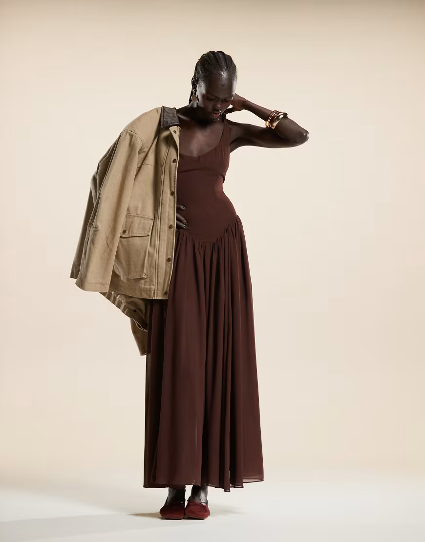 Bardot drop waist maxi dress in chocolate brown | ASOS (Global)