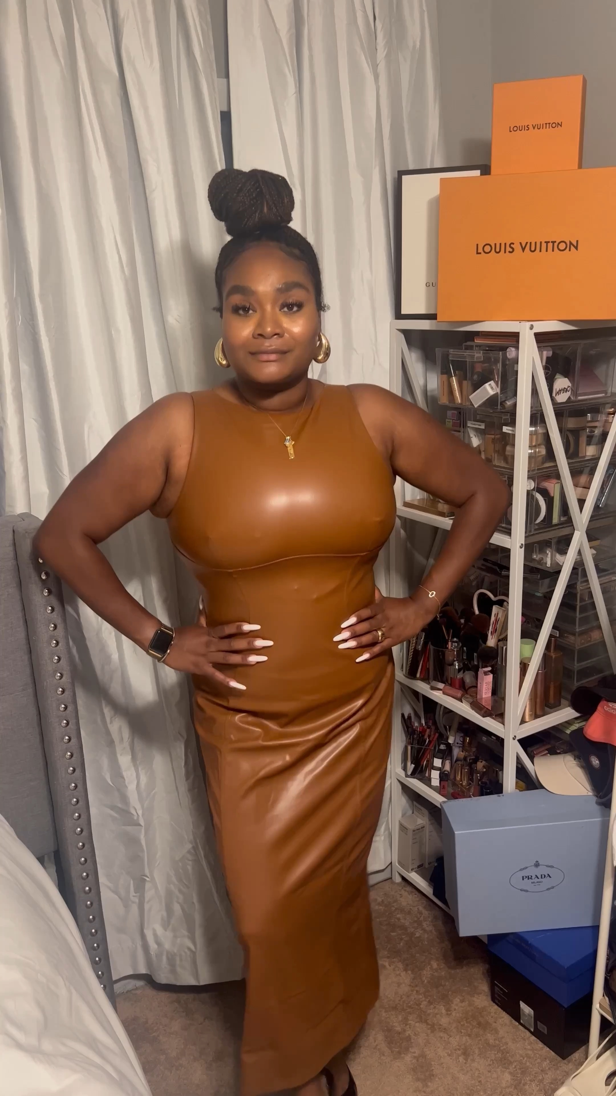 This viral Amazon faux leather midi dress is a fall must have! Paired with the large teardrop earrings for an added look of sophistication ✨ 

#LTKmidsize #LTKFind #LTKunder50