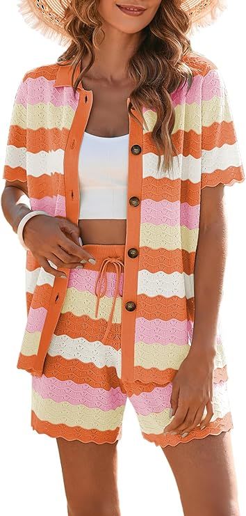 Pink Queen Women Knit Shorts Set 2 Piece Outfits Short Sleeve Button Down Sweater Top and Shorts ... | Amazon (US)