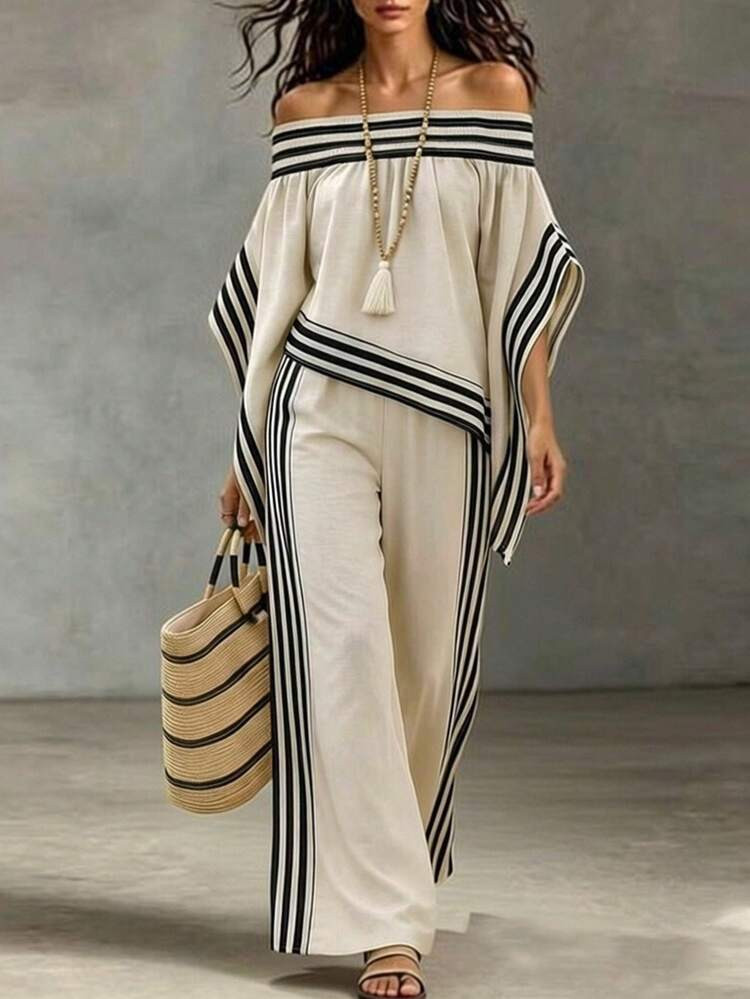 Balvessa Women's Striped Neckline Smocking Craft, Linen-Like Fabric, Two Pieces Set, Casual Vacat... | SHEIN