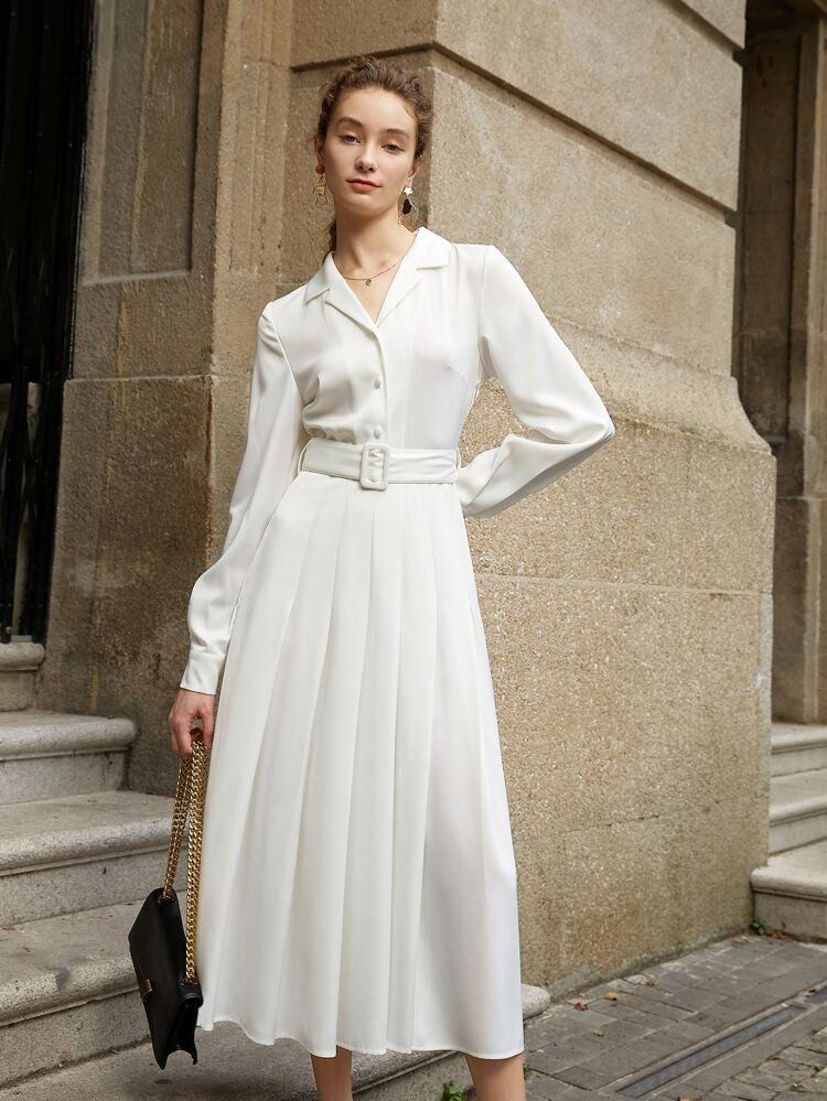 Notched Collar Buttoned Front Buckle Belted Pleated Dress | SHEIN