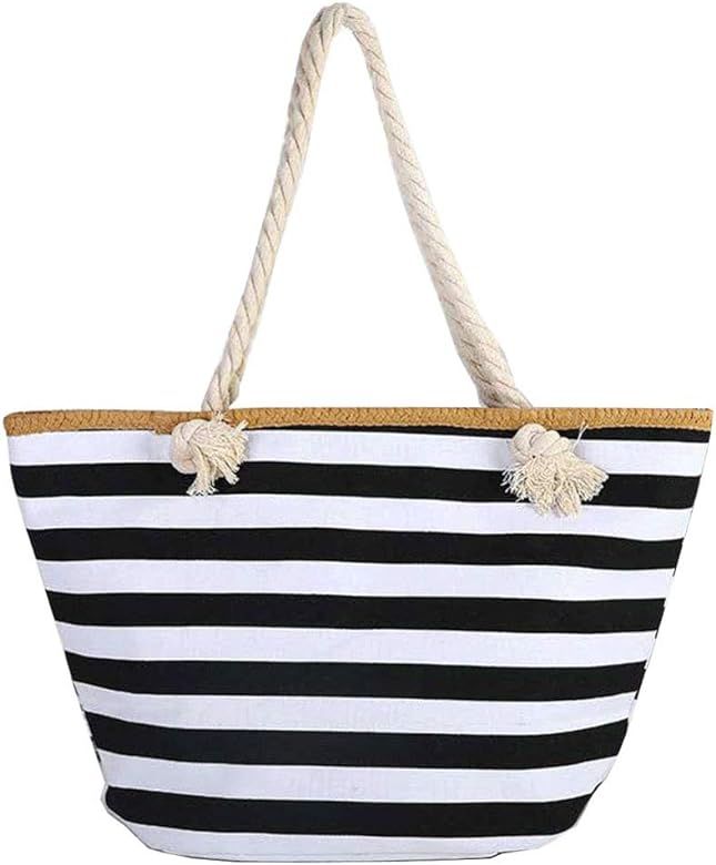 Large Canvas Striped Beach Bag - Top Zipper Closure - Waterproof Lining - Tote Shoulder Bag For W... | Amazon (US)