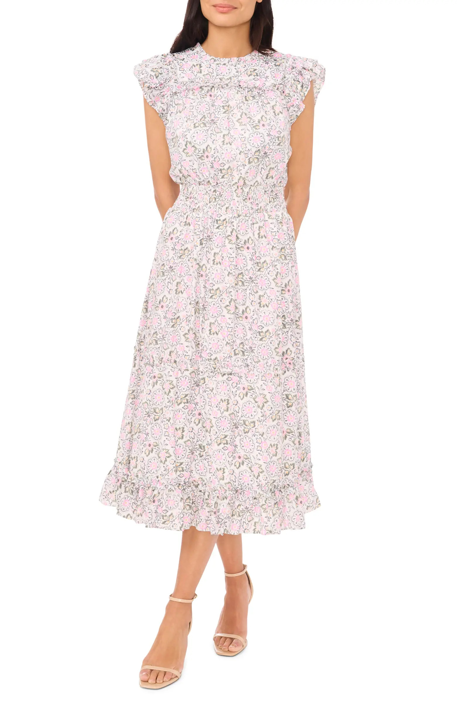 Floral Print Flutter Sleeve Midi Dress | Nordstrom