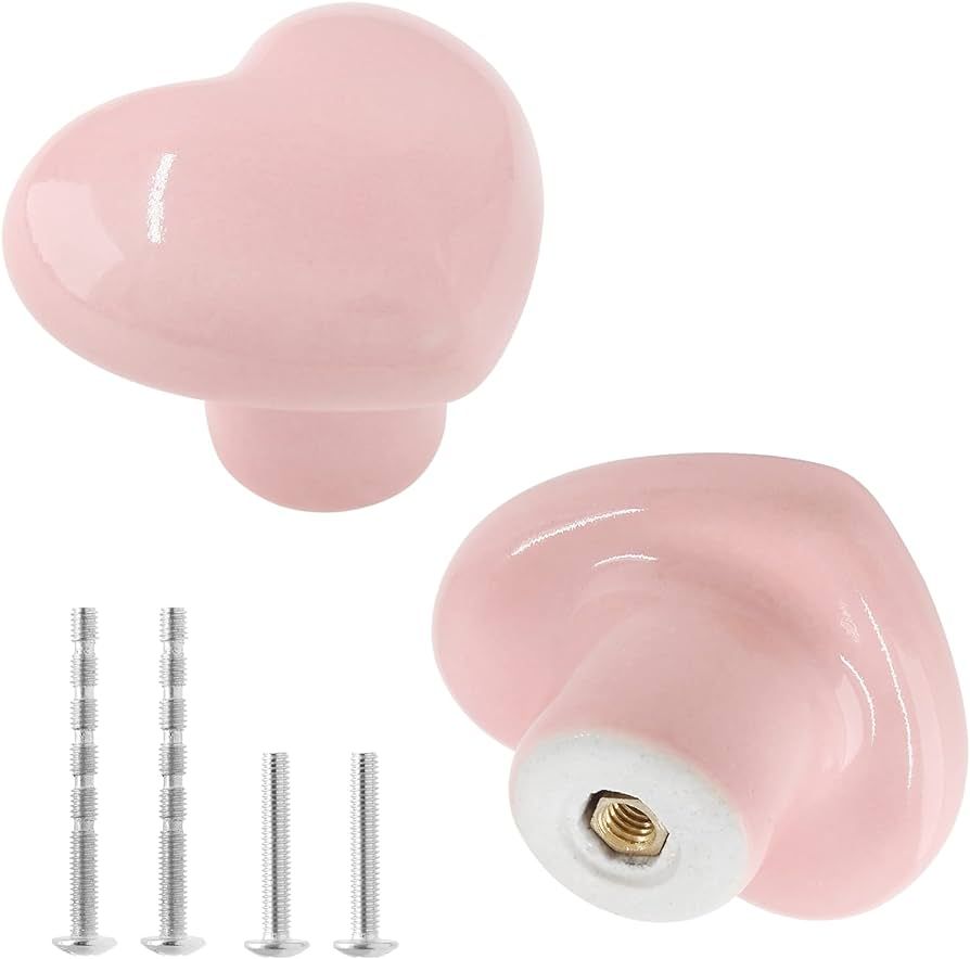 Qjaiune 2pcs Ceramic Cabinet Knobs Pink Drawer Knobs, Heart Shaped Dresser Knobs Cute Kitchen Cab... | Amazon (US)