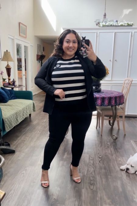 Fall capsule piece Wide Waistband Leggings from Calvin Klein (linked plus size) Pair with Ralph Lauren black & white strip shirt. Top with Drape Front Jacket, Spanx linked. Pair with nude block heel sandals by Steve Madden.

#LTKmidsize #LTKsalealert #LTKover40