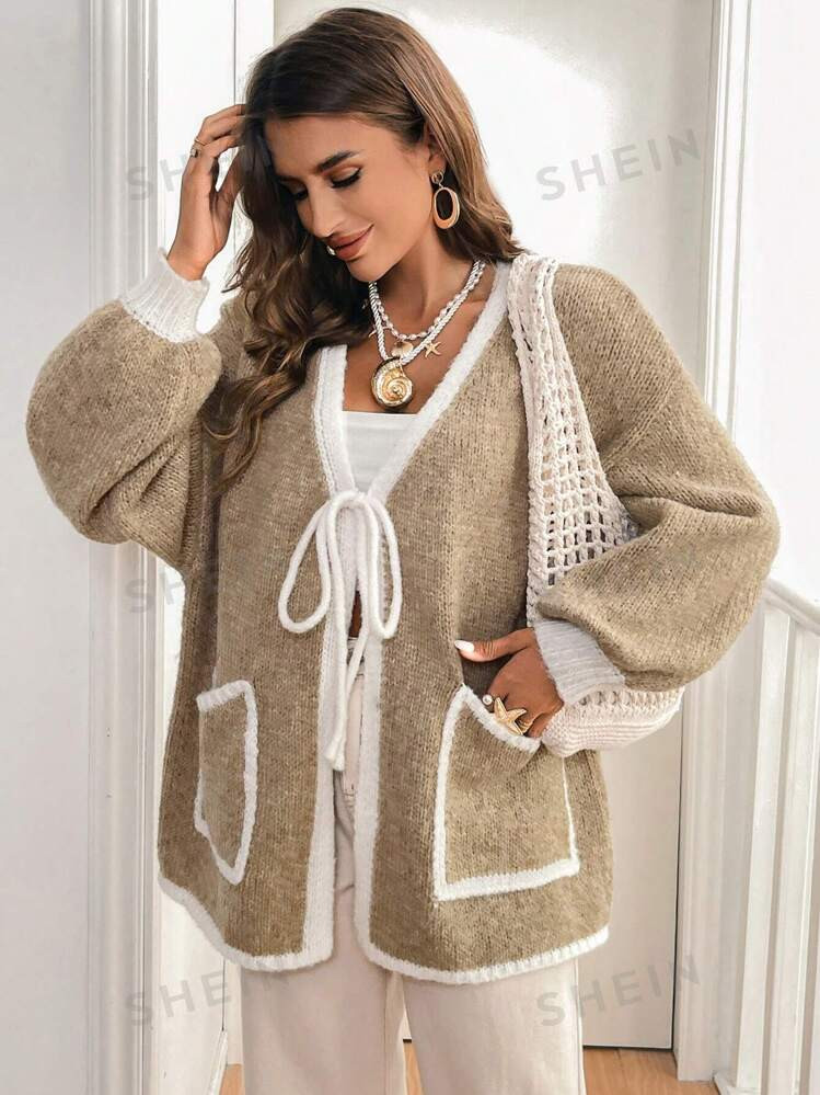 SHEIN Frenchy French Loose Fit Khaki/White Contrast Trim Front Tie Pockets V-Neck Long Sleeve Car... | SHEIN