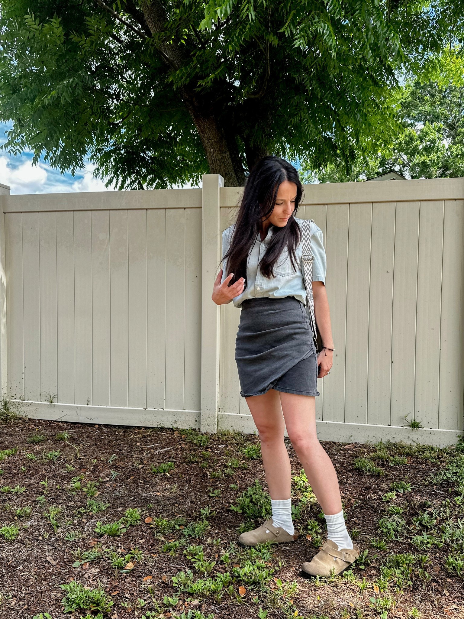 Tube socks with mules 
Charcoal/black Jean skirt 
Short sleeve Jean button up top 
Crossbody purse 

#LTKShoeCrush #LTKStyleTip #LTKGiftGuide