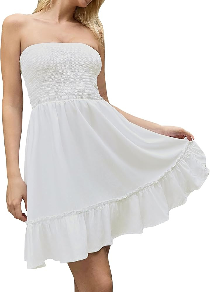 Tube Top Dress for Women Summer Solid Strapless Mini Dresses, Off The Shoudle Ruffle Beach Dress | Amazon (US)