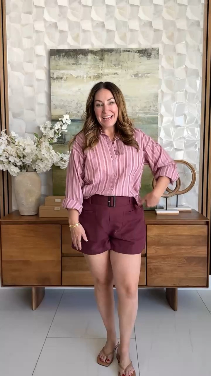 @loft Easy everyday summer outfit with berry shorts and a striped button down 📏Wearing: shirt tts, L // shorts are pull on style tts, 12 

 #LTKmomlife #LTKSeasonal #LTKOver40 #LTKMidsize