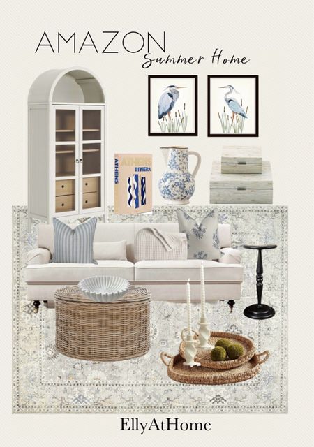 Amazon home living room summer styling. Shop coastal, classic sofa, display cabinet, area rug, artwork, throw pillows, side table, home decor accessories. Some selections on sale. Soft blues, neutral, white. 

#LTKSaleAlert #LTKHome #LTKFindsUnder50