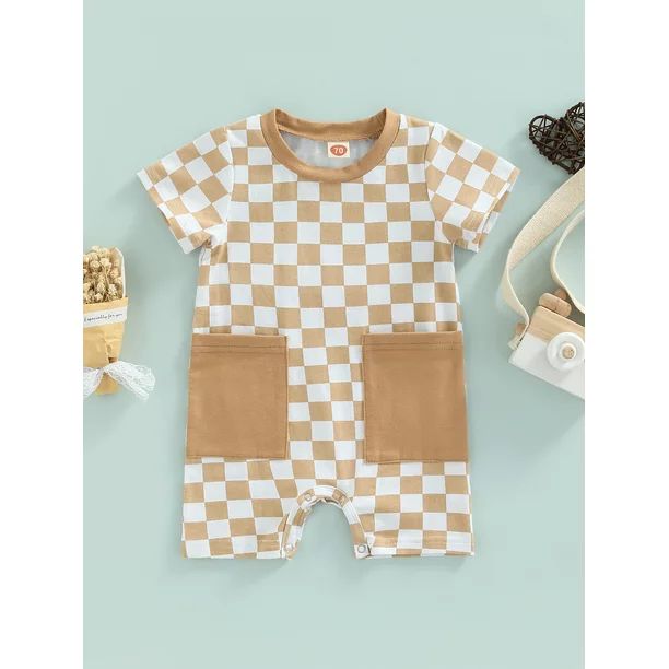 jaweiw Baby Boys Girls Checkerboard Printed Jumpsuit, Round Neck Short Sleeve Short Romper with P... | Walmart (US)