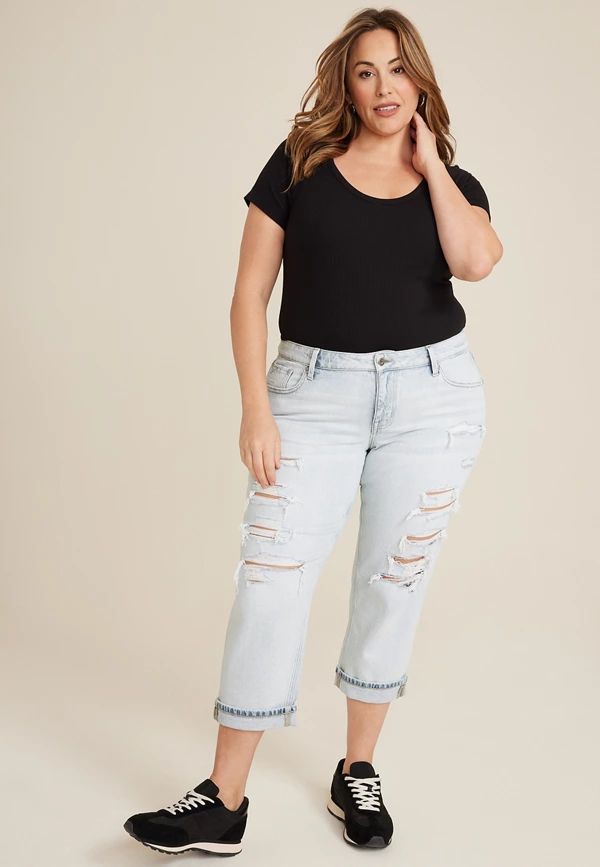 Plus Size edgely™ Mid Rise Light Ripped Relaxed Boyfriend Crop Jean | Maurices