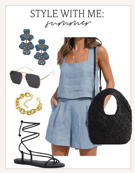 Cute, elevated casual summer outfit idea!

#summerstyle

Summer style. Amazon fashion. Amazon two piece summer set. Black embellished straw tote. Black Lace up sandals. Dainty blue flower drop earrings. Amazon designer inspired sunglasses. Gold chain bracelet  

#LTKSeasonal #LTKStyleTip #LTKFindsUnder100