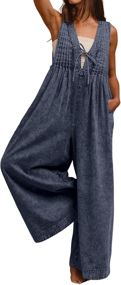 loveimgs Women Flowy Sleeveless Jean Jumpsuit Wide Leg Overalls Baggy Pleated Ruffle Tank Romper ... | Amazon (US)