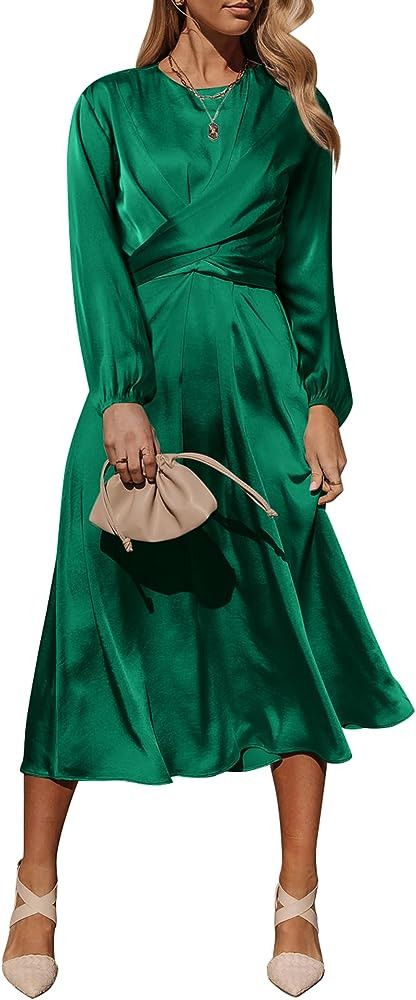 Women's Fall Fashion 2023 Long Sleeve Satin Dress Tie Back Casual Flowy Midi Dresses #LTKover40 | Amazon (US)