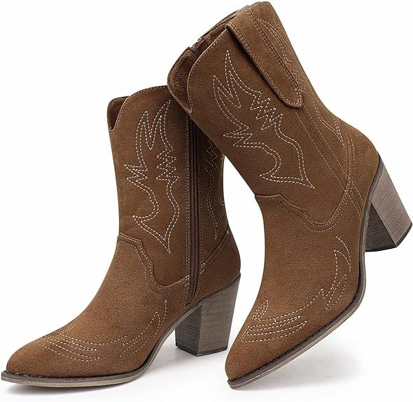 SHIBEVER Cowboy Boots for Women Wide Calf Western Embroidered Cowgirl Boots Pull on Pointed Toe H... | Amazon (US)