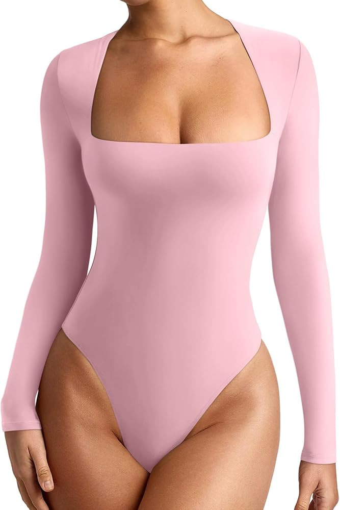 REORIA Women's Basic Lightweight Layering Sexy Slim Square Neck Long Sleeve Bodysuit Tops | Amazon (US)