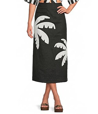 Farm Rio Black Embroidered Palm Tree Linen Midi Skirt -  L | Dillard's