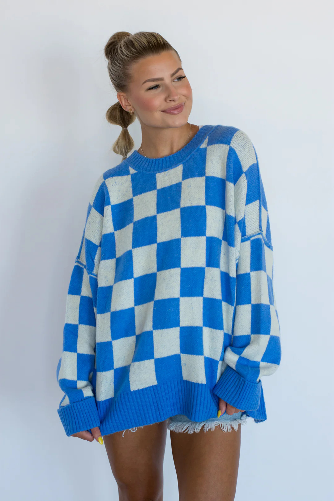 Beggin' for You Blue Checkered Sweater | Apricot Lane Boutique