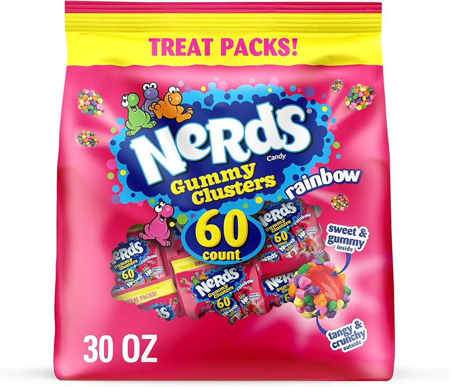 NERDS Gummy Clusters, Candy Treat Packs, Rainbow, Crunchy and Gummy, 30 oz (60 ct) | Amazon (US)