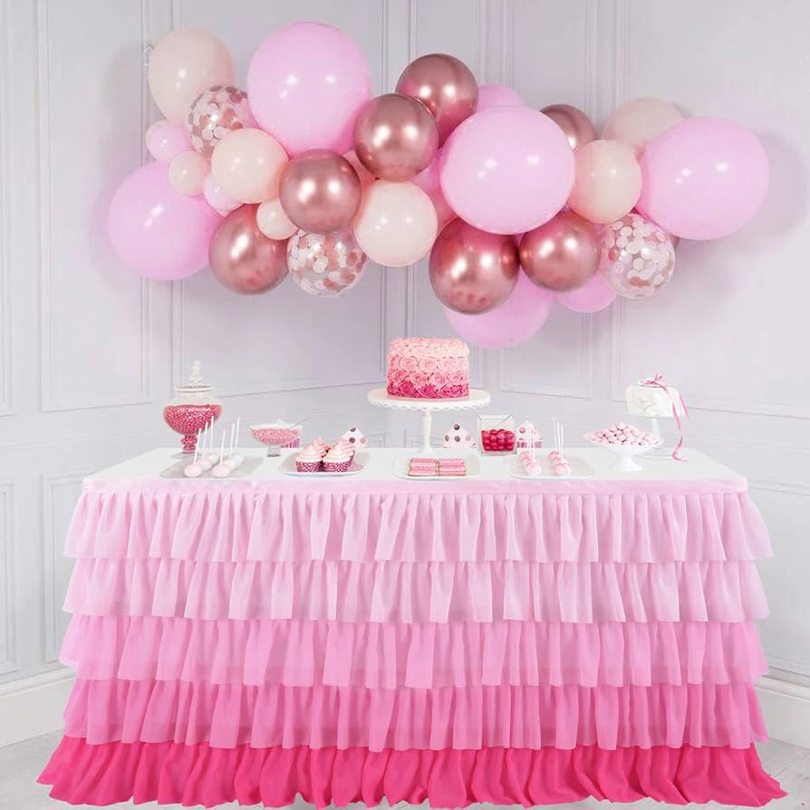 Amazon.com: Besutolife Pink Table Skirt Tutu Ruffled Tablecloth for Rectangle Table 6ft Baby Show... | Amazon (US)