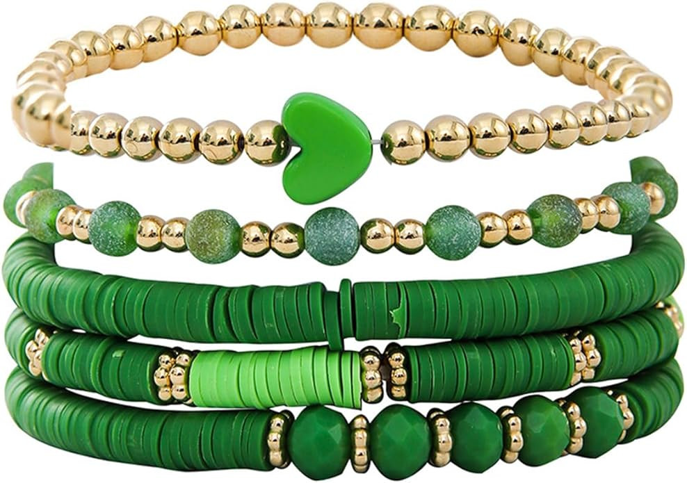 Bohemia Multilayer Heart Clay Stackable Bracelets Set Colorful Surfer Heishi Clay Gold Beaded Str... | Amazon (US)