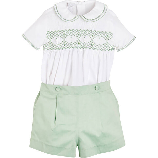 Pepa London | Handsmocked Peter Pan Collar Short Sleeve Two Piece Set, (Green, Size 18M) | Maisonette | Maisonette