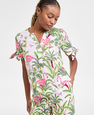 Charter Club Women's 100% Linen Tied-Sleeve Palm Shirt, Exclusively at Macy's  - Macy's | Macy's