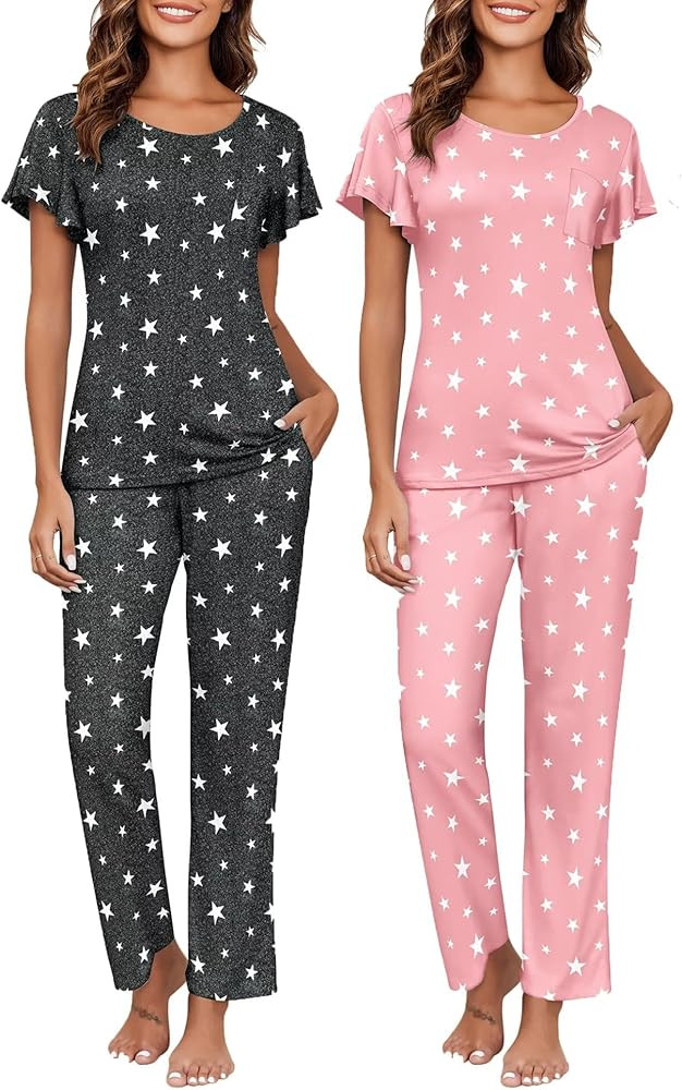 Ekouaer 2 Pack Womens Pajama Sets Short Sleeve with Long Pajama Pant Set Soft Sleepwear Printed P... | Amazon (US)