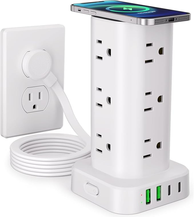 Power Strip Tower with Wireless Charger, Flat Plug Surge Protector Tower with 6FT Extension Cord,... | Amazon (US)