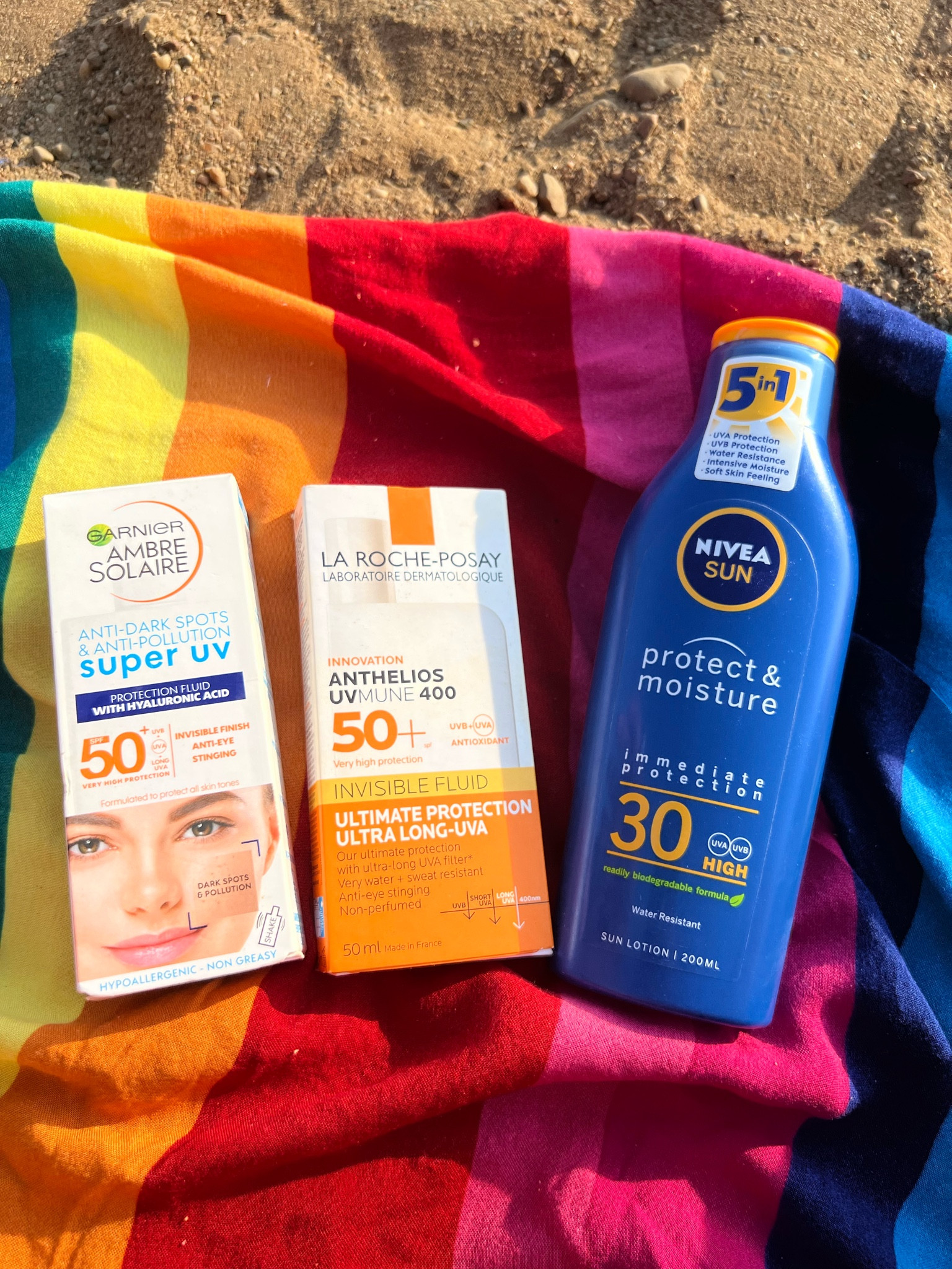 Beach day essentials 
La Roche Posay anthelios sunscreen 
Garnier ambre solaire sunscreen 
Nivea 5 in 1 sunscreen 

#LTKPetite #LTKSwim #LTKBeauty