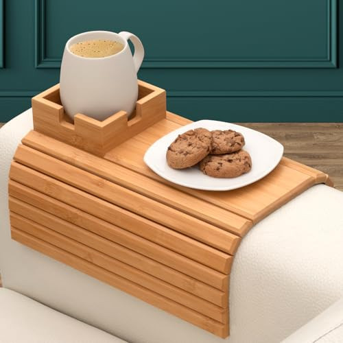 Bamboo Couch Cup Holder, Couch Arm Table & Couch Armrest Tray with Couch Cup Holder Tray Table for Couch, or Loveseat | Amazon (US)