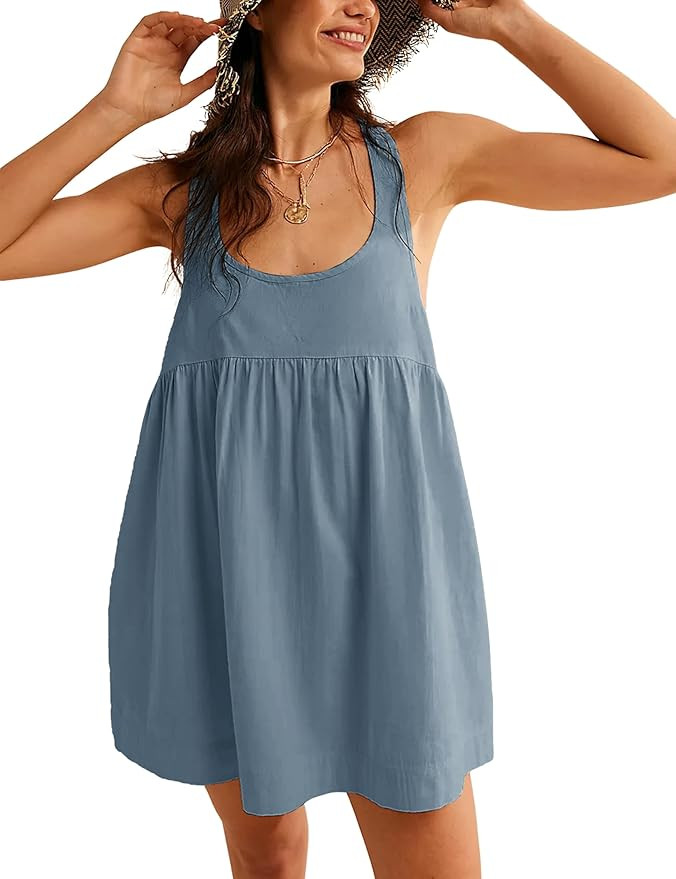 Womens Summer Mini Dress Round Neck Racerback Cut Casual Sleeveless Tank Sundress with Side Pocke... | Amazon (US)