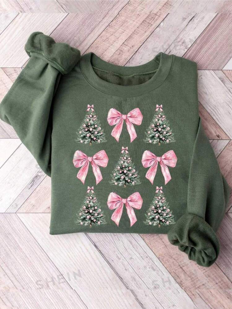 SHEIN EZwear Bow & Christmas Tree Print Casual Round Neck Long Sleeve Sweatshirt | SHEIN USA | SHEIN