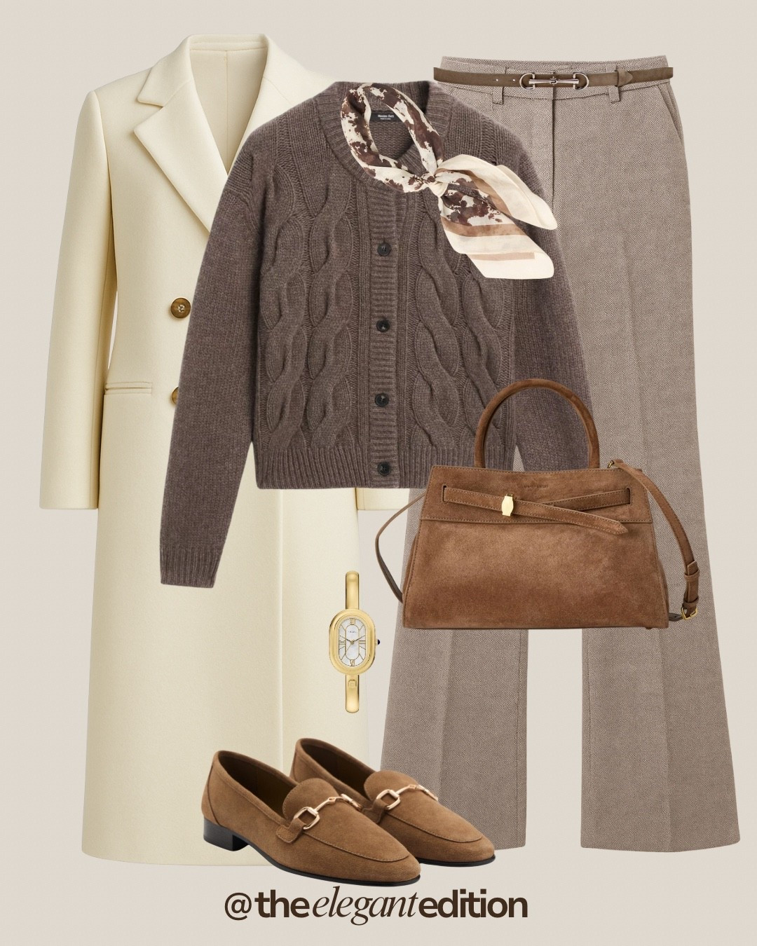 Cream and taupe monochrome styling
Cream wool coat, taupe cable knit cardigan, taupe trousers, suede loafers

#LTKeurope #LTKstyletip #cableknit #monochromeoutfit #creamandtaupe

#LTKwinter #LTKstyletip #LTKeurope